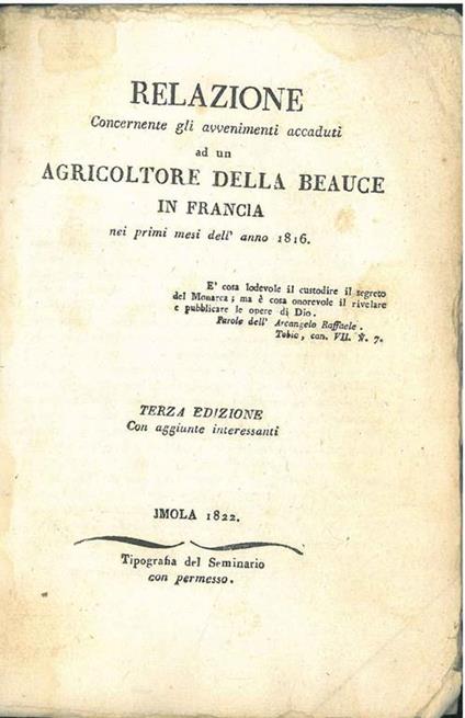 Relazione concernente gli avvenimenti accaduti ad un agricoltore della Beauce in Francia - copertina