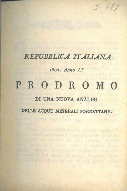 Repubblica Italiana 1802, anno I°. Prodromo di una nuova analisi delle acque minerali porrettane - copertina