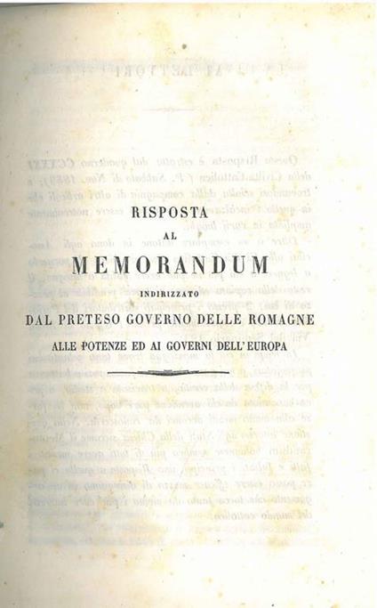 Risposta al memorandum indirizzato dal preteso governo delle Romagne alle potenze ed ai governi dell'Europa - copertina