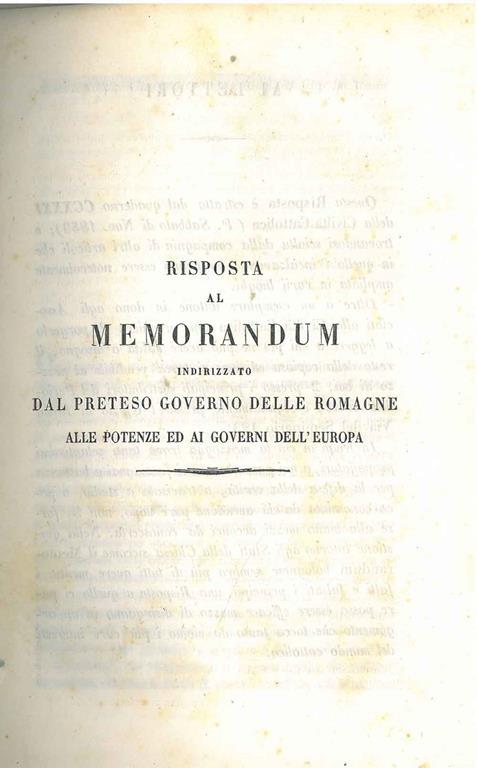 Risposta al memorandum indirizzato dal preteso governo delle Romagne alle potenze ed ai governi dell'Europa - copertina