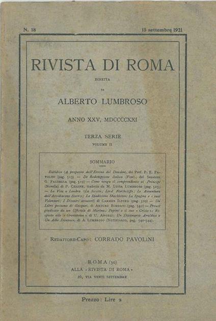 Rivista di Roma diretta da Alberto Lumbroso. Anno XXV, 1921, terza serie, volume II Redattore capo: Corrado Pavolini - copertina