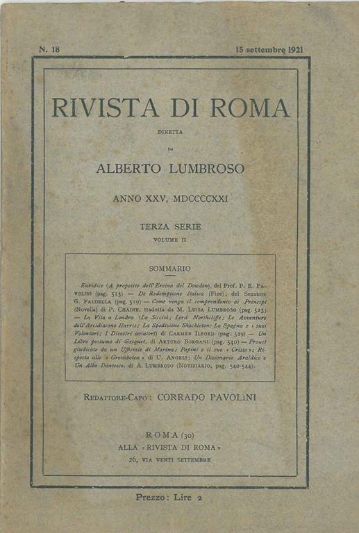 Rivista di Roma diretta da Alberto Lumbroso. Anno XXV, 1921, terza serie, volume II Redattore capo: Corrado Pavolini - copertina