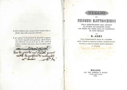 Saggio di fenomeni elettro-chimici nella ripristinazione dell'argento da diverse sue soluzioni saline col mezzo del ferro solo, ed accoppiato ad altri metalli - B. Jori - copertina