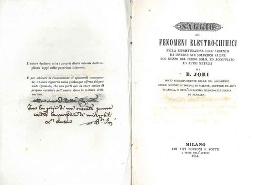 Saggio di fenomeni elettro-chimici nella ripristinazione dell'argento da diverse sue soluzioni saline col mezzo del ferro solo, ed accoppiato ad altri metalli - B. Jori - copertina