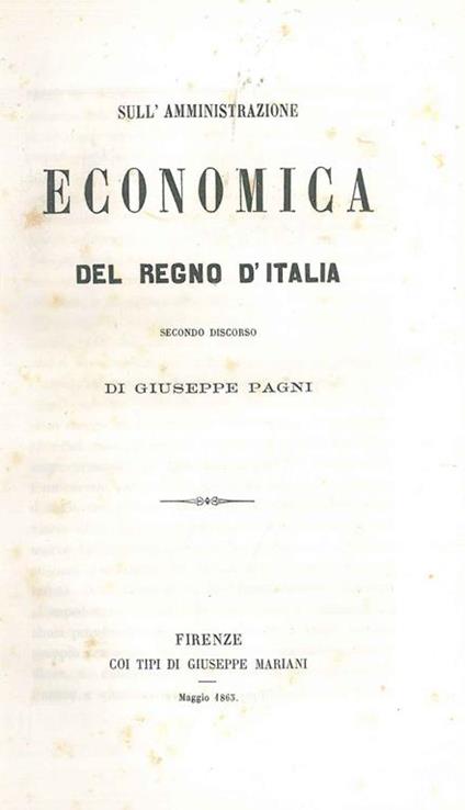 Sull'amministrazione economica del Regno d'Italia - Giuseppe Pagni - copertina