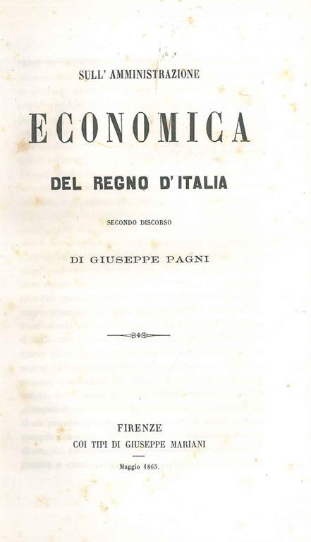 Sull'amministrazione economica del Regno d'Italia - Giuseppe Pagni - copertina