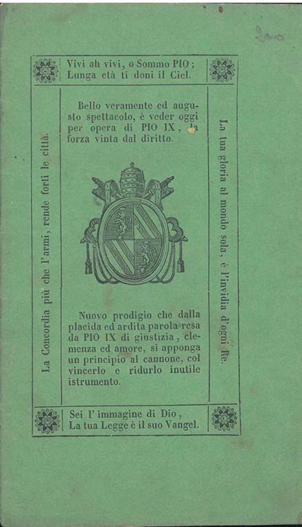 Le celesti ispirazioni di Pio Nono pel bene generale del popolo. Anno primo del suo prodigioso pontificato, coll'aggiunta di alcune preghiere per la prosperità e conservazione del sommo capo della Chiesa e di tutti i superiori ecclesiastici. Terza edizi - copertina