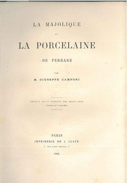 La majolique et la porcelaine de Ferrare - Giuseppe Campori - copertina