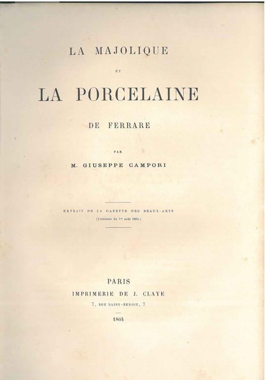 La majolique et la porcelaine de Ferrare - Giuseppe Campori - copertina
