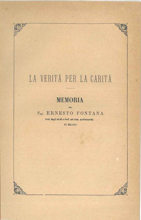 La verità per la carità. Memoria - Ernesto Fontana - copertina