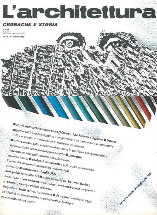 L' architettura : cronache e storia. Anno XXXVIII, n.10, ottobre 1992, n. 444, Direttore Bruno Zevi - copertina