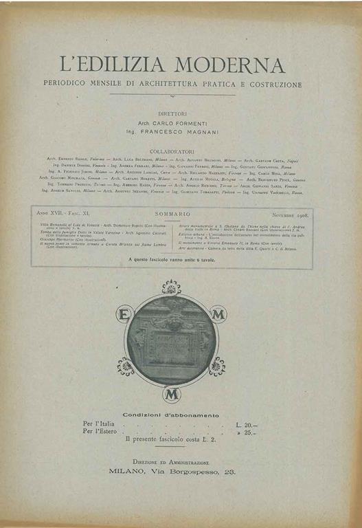 L' edilizia moderna, periodico mensile di architettura pratica e costruzione, Anno XVII, fascicolo XI, novembre 1908 - Carlo Formenti - copertina