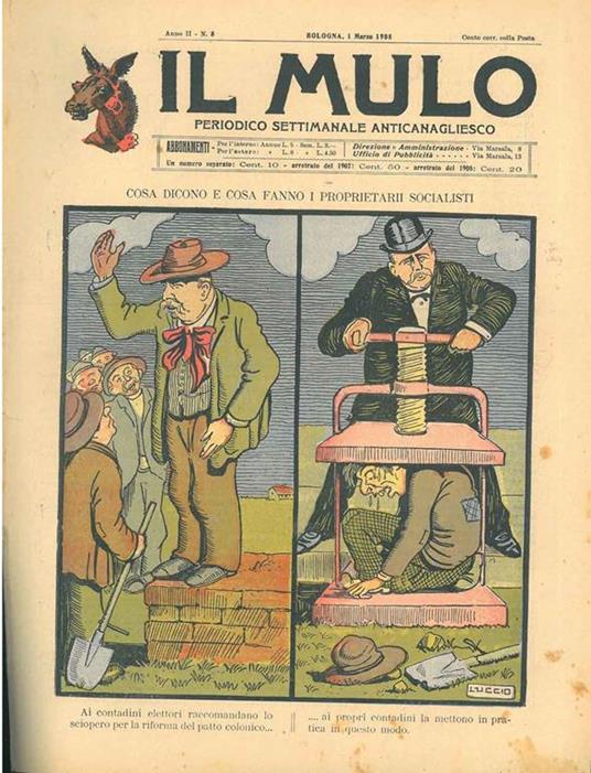 Il Mulo. Periodico settimanale anticanagliesco. 1 marzo 1908. Anno II - N. 8, direttore Agostino Ceccaroni - copertina