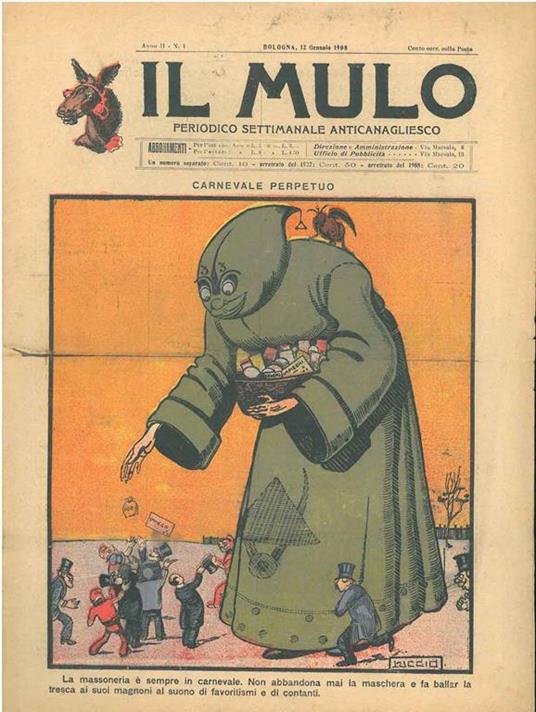 Il Mulo. Periodico settimanale anticanagliesco. 12 gennaio 1908. Anno II - N. 1, direttore Agostino Ceccaroni - copertina