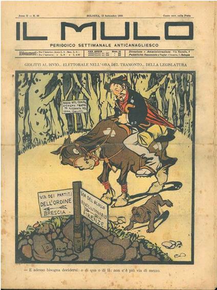 Il Mulo. Periodico settimanale anticanagliesco. 13 settembre 1908. Anno II - N. 36, direttore Agostino Ceccaroni - copertina