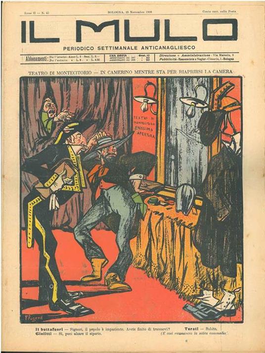 Il Mulo. Periodico settimanale anticanagliesco. 15 novembre 1908. Anno II - N. 45, direttore Agostino Ceccaroni - copertina