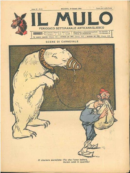 Il Mulo. Periodico settimanale anticanagliesco. 19 gennaio 1908. Anno II - N. 2, direttore Agostino Ceccaroni - copertina