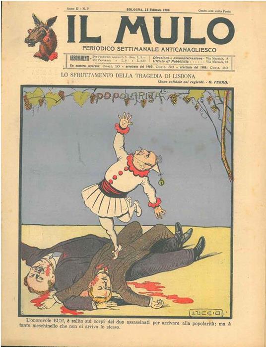 Il Mulo. Periodico settimanale anticanagliesco. 23 febbraio 1908. Anno II - N. 7, direttore Agostino Ceccaroni - copertina