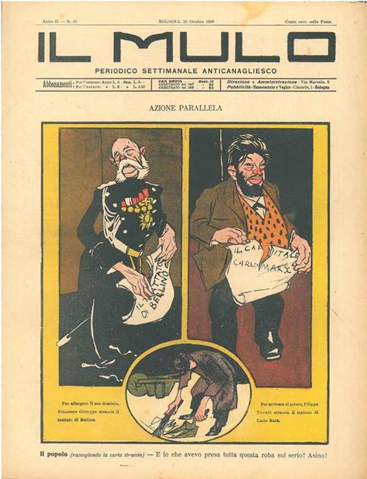 Il Mulo. Periodico settimanale anticanagliesco. 25 ottobre 1908. Anno II - N. 42, direttore Agostino Ceccaroni - copertina