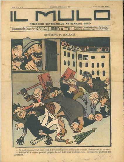 Il Mulo. Periodico settimanale anticanagliesco. 27 settembre 1908. Anno II - N. 38, direttore Agostino Ceccaroni - copertina