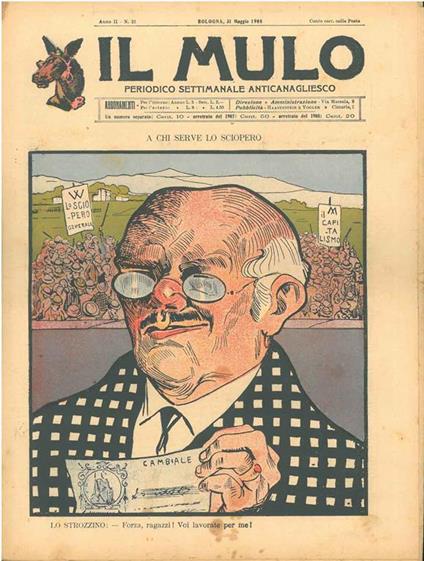 Il Mulo. Periodico settimanale anticanagliesco. 31 maggio 1908. Anno II - N. 21, direttore Agostino Ceccaroni - copertina