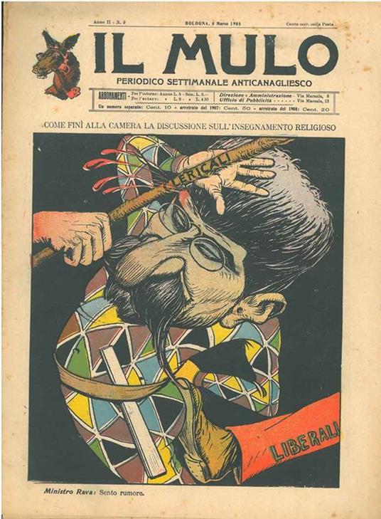 Il Mulo. Periodico settimanale anticanagliesco. 8 marzo 1908. Anno II - N. 9, direttore Agostino Ceccaroni - copertina