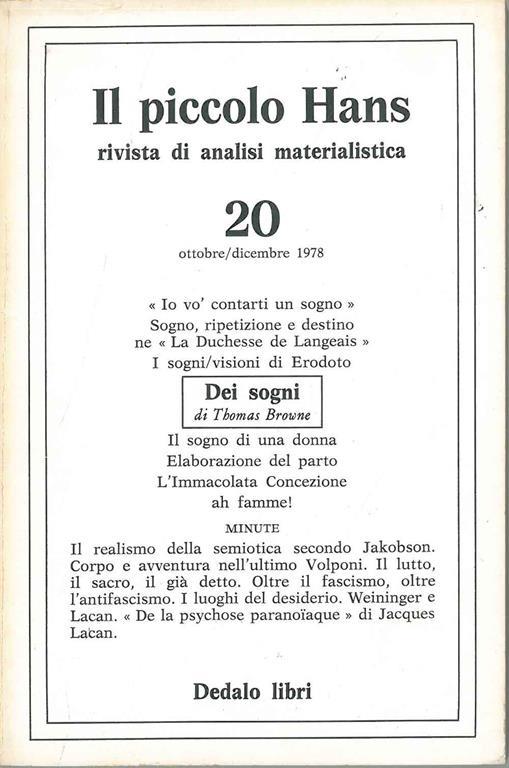 Il piccolo Hans. Rivista di analisi materialistica. Dei Sogni di Thomas Browne. N° 20, ottobre/dicembre 1978 - copertina