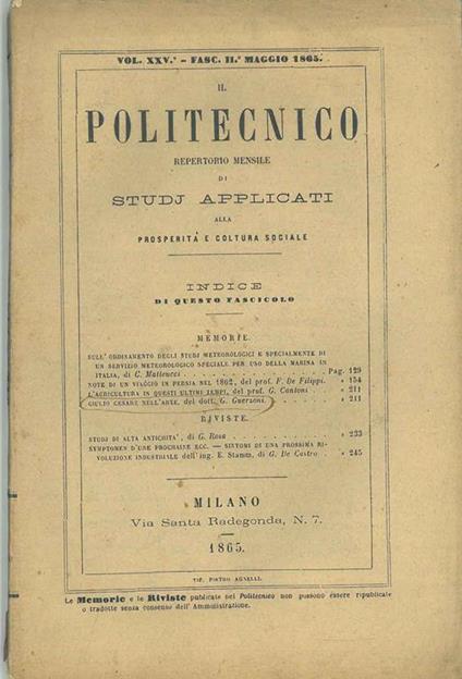 Il Politecnico: repertorio mensile di studj applicati alla prosperità e coltura sociale. Vol. xxv, fascicolo ii, maggio 1865 - copertina
