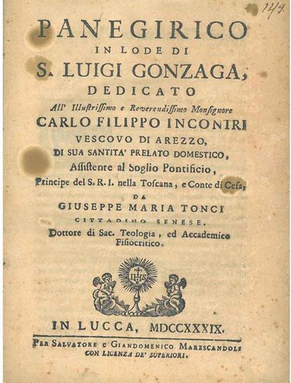 Panegirico in lode di S. Luigi Gonzaga, dedicato a... Carlo Filippo Incontri vescovo di Arezzo - copertina