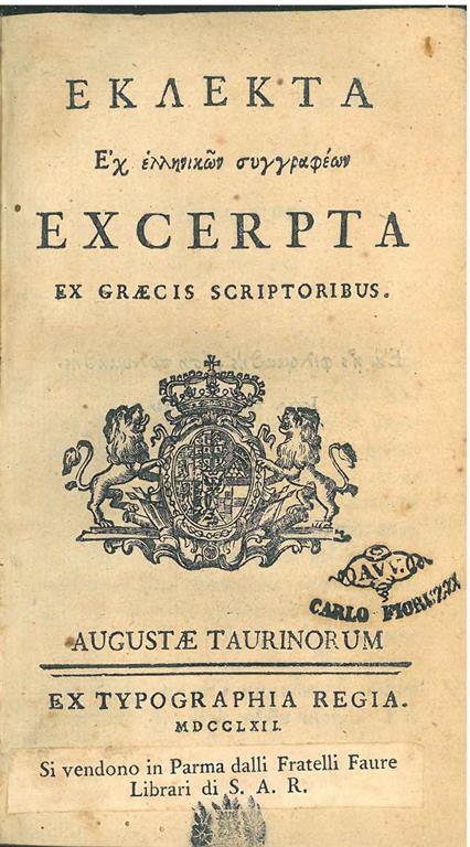 Eklekta ex ellenikon suggrapheon. Excerpta ex graecis Scriptoribus - copertina