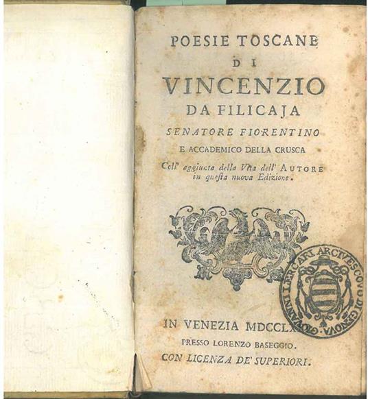 Poesie toscane di Vincenzio da Filicaja senatore fiorentino e accademico della Crusca. Coll'aggiunta della vita dell'autore in questa nuova edizione - copertina