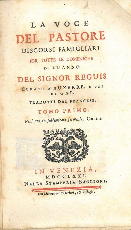 La voce del Pastore. Discorsi famigliari per tutte le domeniche dell'anno del signor Reguis curato d'Auxerre, e poi di Gap. Tradotti dal francese - copertina