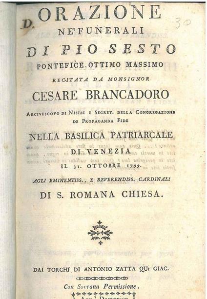 Orazione né funerali di Pio Sesto ... nella basilica patriarcale di Venezia 31 Ottobre 1792 - Cesare Brancadoro - copertina