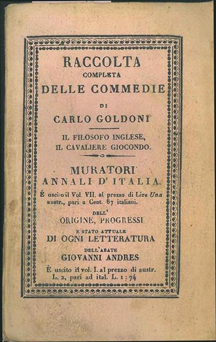 Raccolta completa delle commedie Tomo XLIX. Il filosofo inglese, Il cavaliere giocondo - Carlo Goldoni - copertina