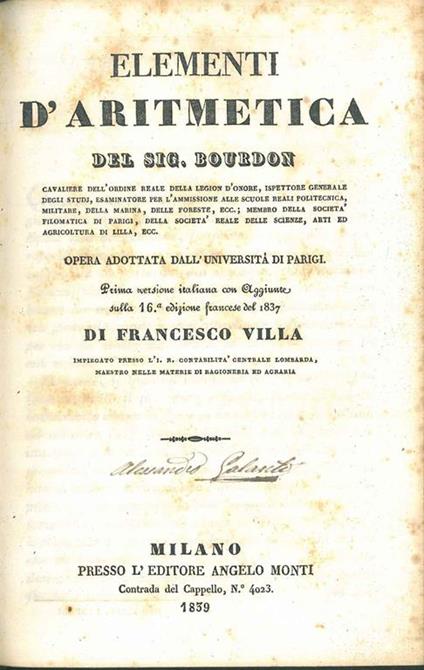 Elementi d'aritmetica, prima versione italiana con aggiunte sulla 16* edizione francese del 1837 di Francesco Villa - Pierre Bourdon - copertina