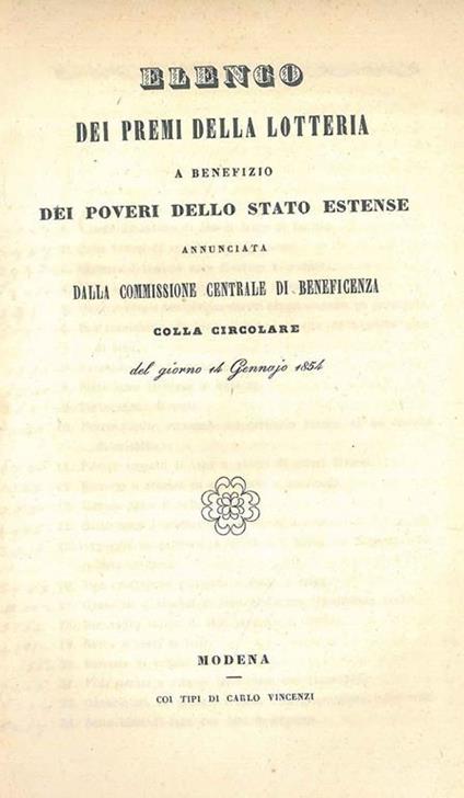 Elenco dei premi della lotteria a benefizio dei poveri dello stato estense annunziata dalla commissione centrale di beneficenza colla circolare del giorno 14 gennajo 1854 - copertina