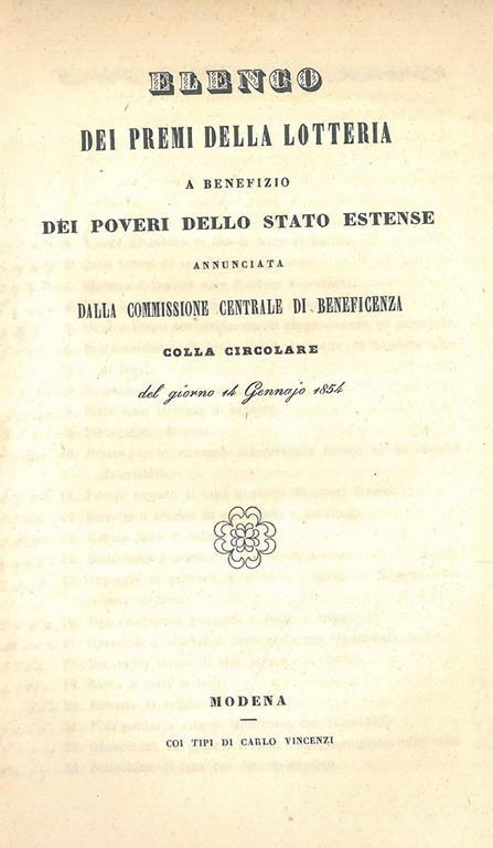 Elenco dei premi della lotteria a benefizio dei poveri dello stato estense annunziata dalla commissione centrale di beneficenza colla circolare del giorno 14 gennajo 1854 - copertina
