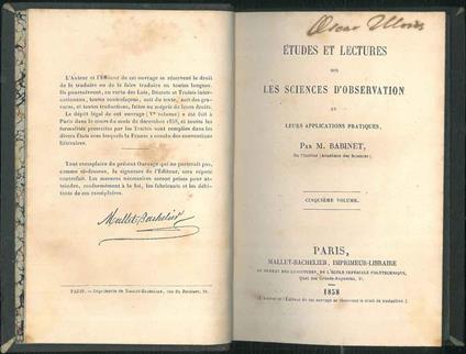 Etudes et lectures sur les sciences d'observation et leurs applications pratiques. Cinquiéme volume - copertina