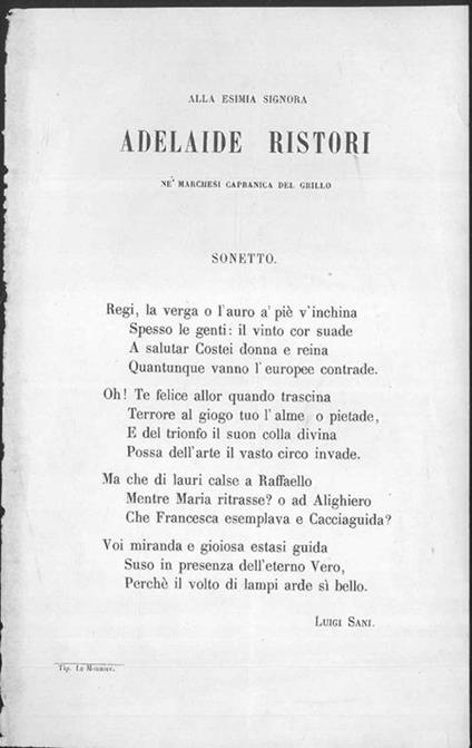 Alla esimia Signora Adelaide Ristori - Luigi Sani - copertina