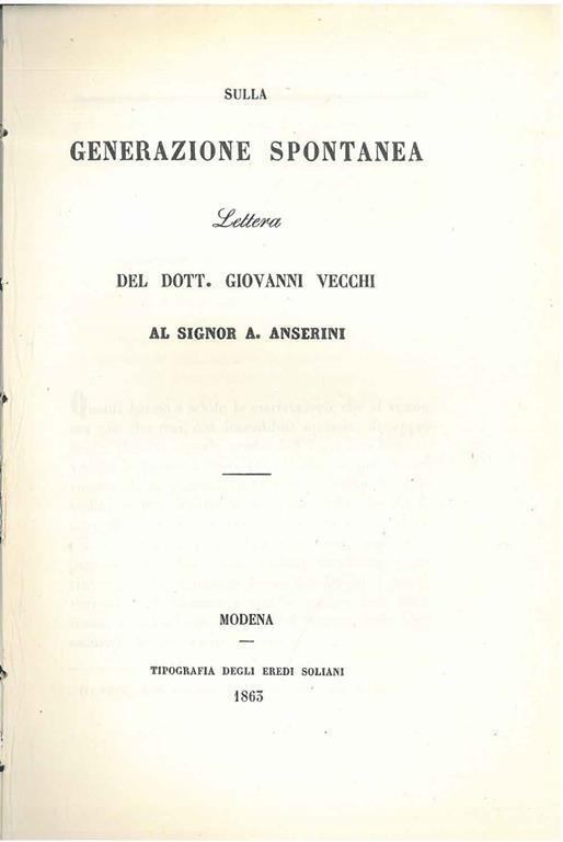 Sulla generazione spontanea. Lettera del Dott. Giovanni Vecchi al Signor A. Anserini - Giovanni Vecchi - copertina