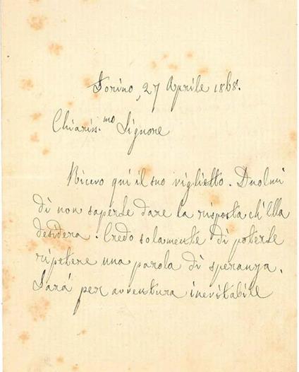 Foglietto bianco diviso a metà, datato "Torino, 27 aprile 1868" - Paolo Boselli - copertina