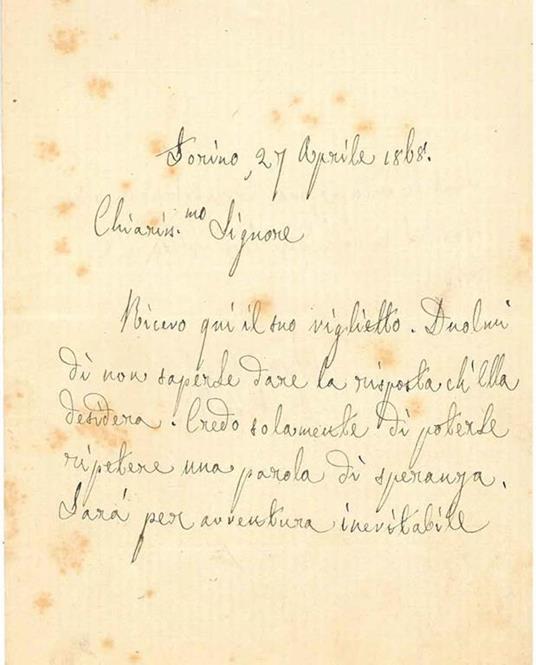 Foglietto bianco diviso a metà, datato "Torino, 27 aprile 1868" - Paolo Boselli - copertina