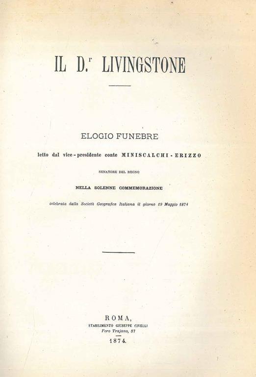 Il Dr Livingstone. Elogio funebre - copertina