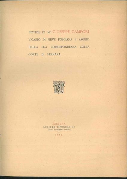Notizie di M.r Giuseppe Campori Vicario di Pieve Fosciana - copertina