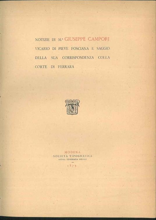 Notizie di M.r Giuseppe Campori Vicario di Pieve Fosciana - copertina