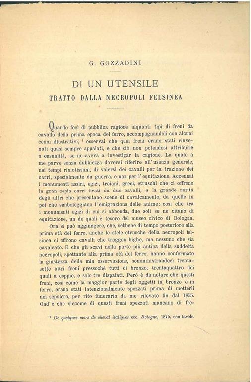 Di un utensile tratto dalla necropoli felsinea. Estratto - Giovanni Gozzadini - copertina