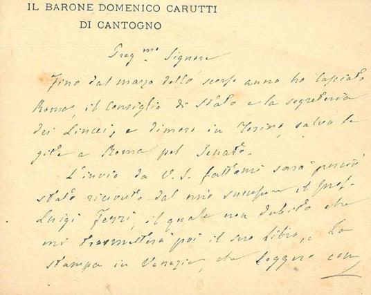 Biglietto intestato: "Il Barone Domenico Carutti di Cantogno" datato: "Torino, 22 febbrajo" - Domenico Carutti di Cantogno - copertina
