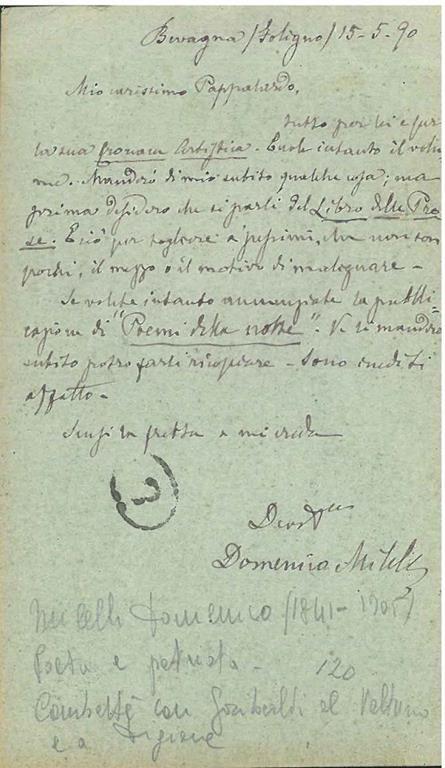 Cartolina postale inviata da Bevagna (Foligno) "15-5-90" indirizzata a G. A. Pappalardo - Domenico Milelli - copertina