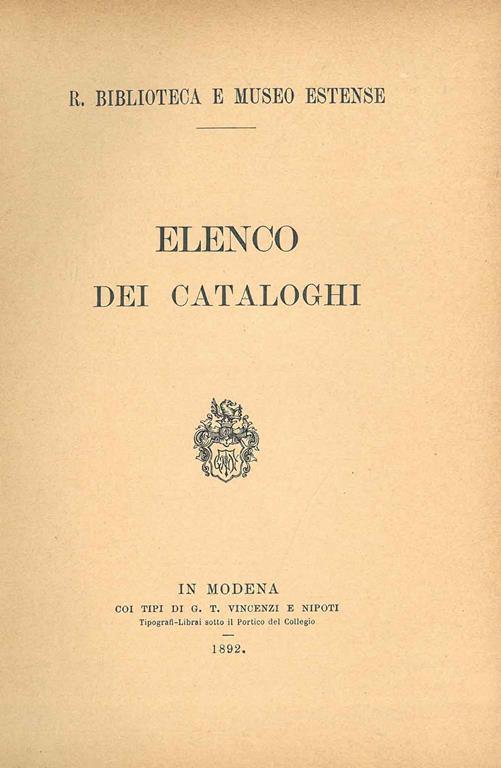 Elenco dei cataloghi - Biblioteca R. - copertina
