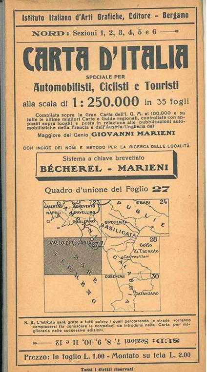 Nuova carta stradale d'Italia, speciale per automobilisti, ciclisti, turisti. Scala 1:250000. Foglio 27, contiene: Vallo di Lucania - Golfo di Policastro - Mare Tirreno - Giovanni Marieni - copertina